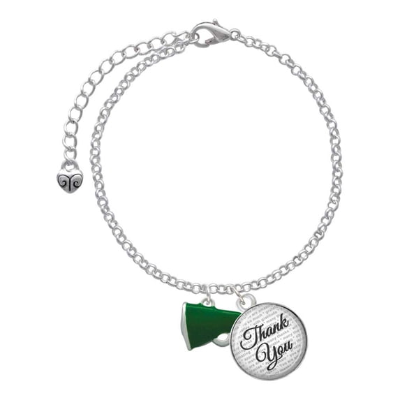 Delight Jewelry Silvertone Small Green Megaphone - Domed Thank You Charm Bracelet, 6"+2"
