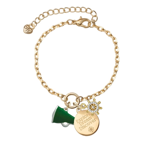 Delight Jewelry Silvertone Small Green Megaphone Goldtone Discover Dream Explore Zoey Charm Bracelet, 6.5+2" Extender