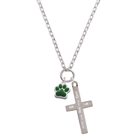 Delight Jewelry Silvertone Small Green Paw I Set You Apart Engraved Cross Zoey Necklace, 28"