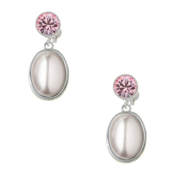 Delight Jewelry Silvertone Small Grey Imitation Pearl Pink Crystal Clip on Earrings
