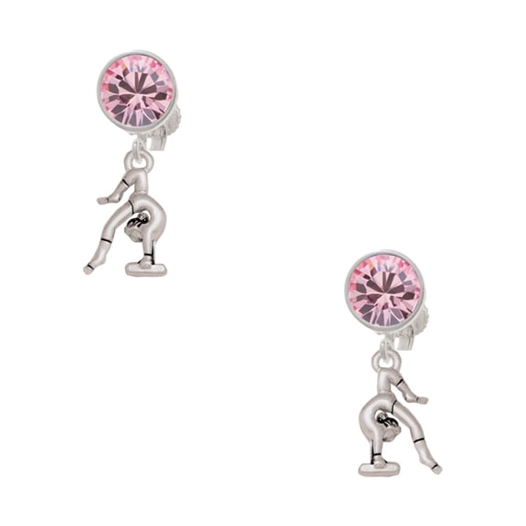 Delight Jewelry Silvertone Small Gymnast Balance Beam Pink Crystal Clip on Earrings