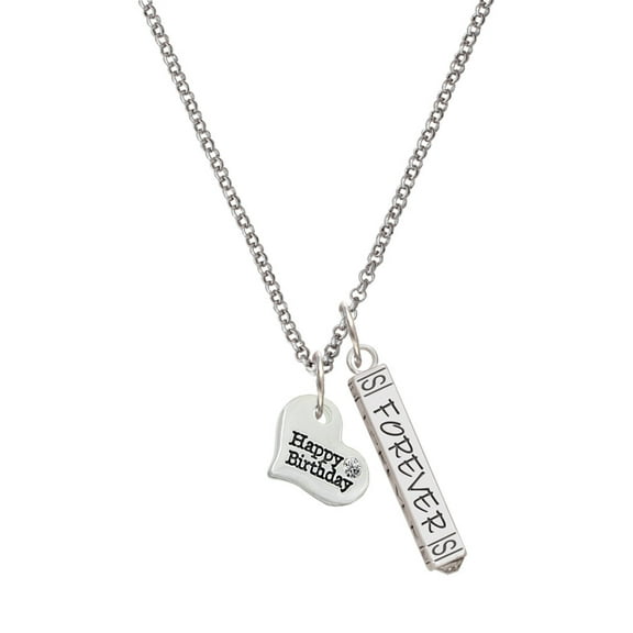 Delight Jewelry Silvertone Small Happy Birthday Heart Silvertone Forever Bar Charm Necklace, 23"
