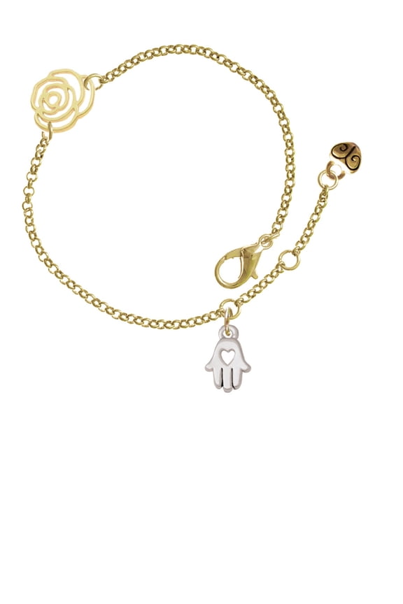 Silvertone Small Heart Hamsa Hand Gold-tone Rose Link Chain Bracelet, 6.25"+1.75" Extender