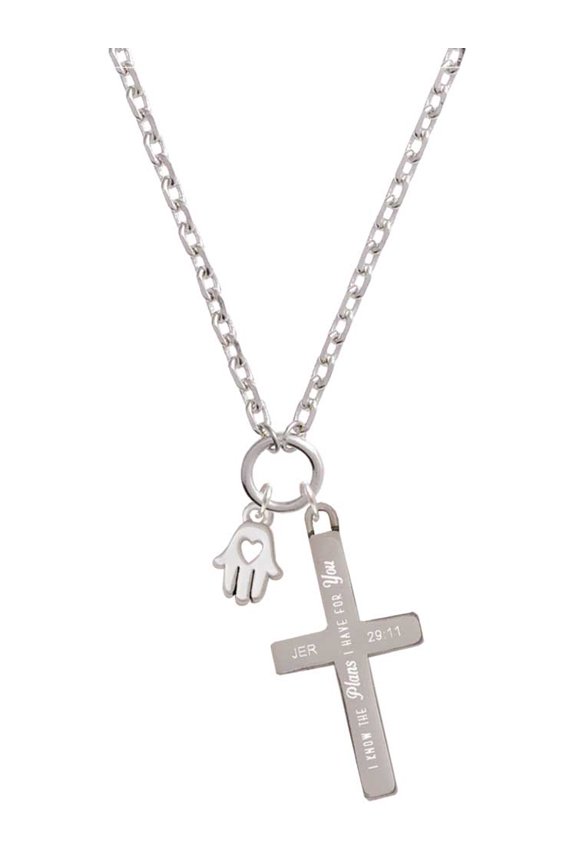 Silvertone Small Heart Hamsa Hand I Have Plans for You Engraved Cross Zoey Necklace, 28"