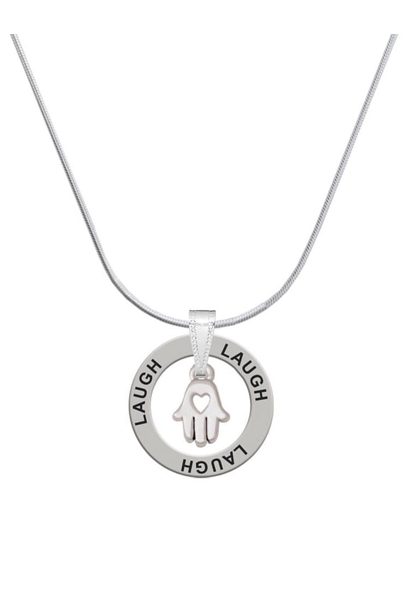 Silvertone Small Heart Hamsa Hand Laugh Ring Charm Necklace, 18"