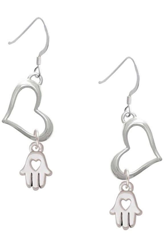 Silvertone Small Heart Hamsa Hand Open Heart French Earrings