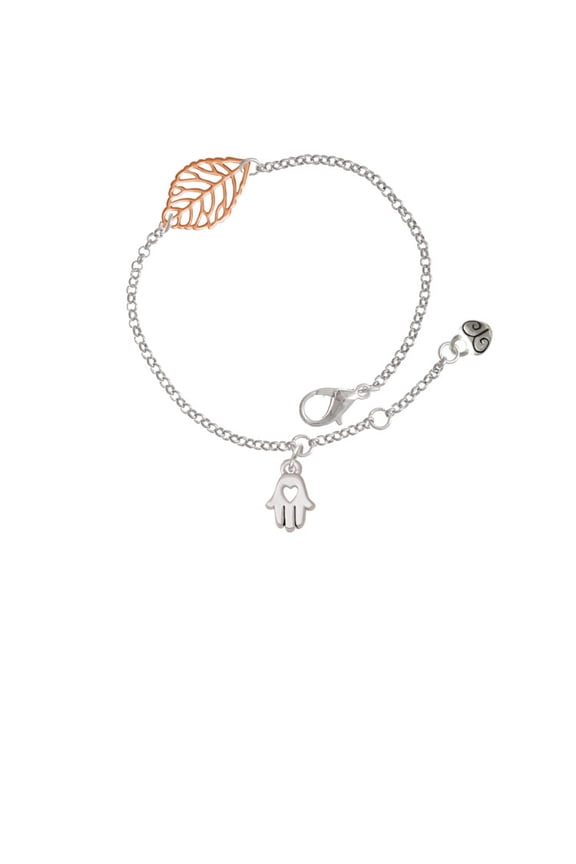 Silvertone Small Heart Hamsa Hand - Rose Goldtone Leaf Delicate Bracelet, 6.25+1.75"