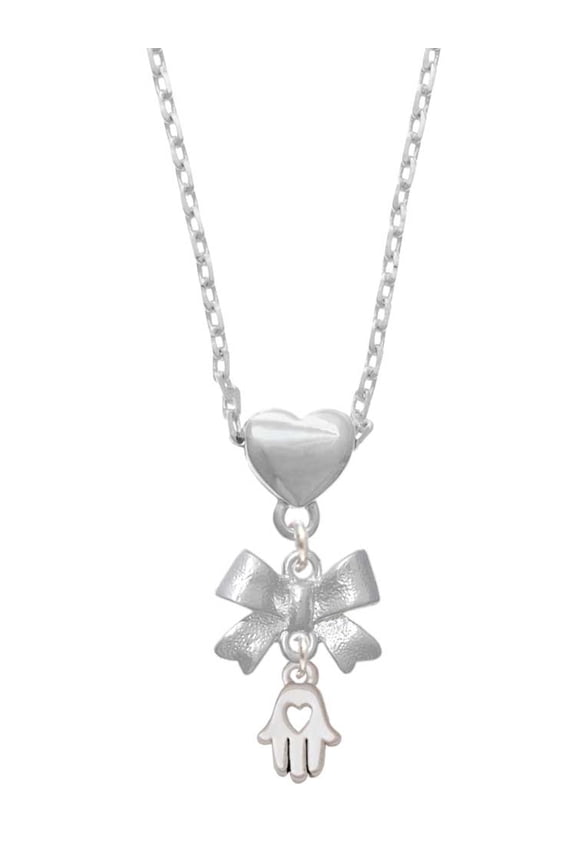 Silvertone Small Heart Hamsa Hand Silver tone Bow Heart Necklace