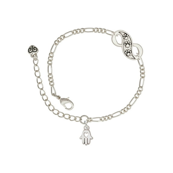 Delight Jewelry Silvertone Small Heart Hamsa Hand Silver-tone Paw Infinity Link Chain Bracelet, 6"+2" Extender
