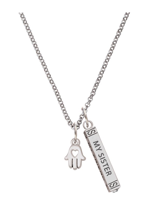 Silvertone Small Heart Hamsa Hand Silvertone Always My Sister Bar Charm Necklace, 23"