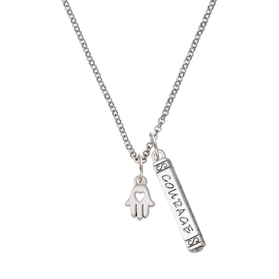 Delight Jewelry Silvertone Small Heart Hamsa Hand Silvertone Courage Strength Wisdom Honesty Bar Charm Necklace, 23"