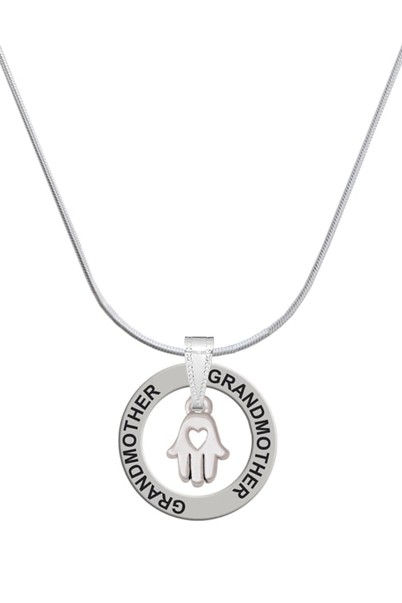 Silvertone Small Heart Hamsa Hand Silvertone Grandmother Ring Charm Necklace, 18"