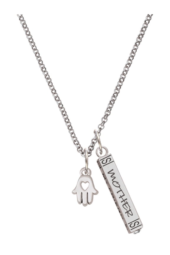 Silvertone Small Heart Hamsa Hand Silvertone Mother Daughter Bar Charm Necklace, 23"