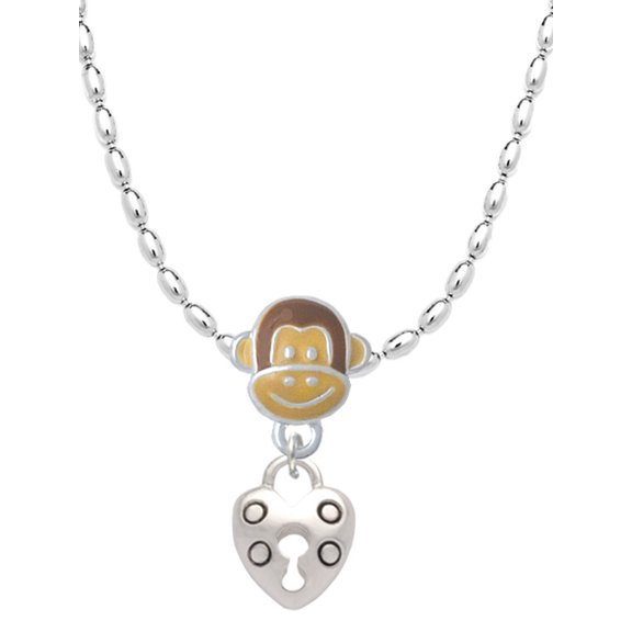 Delight Jewelry Silvertone Small Heart Lock with Keyhole Mia Monkey Charm Necklace