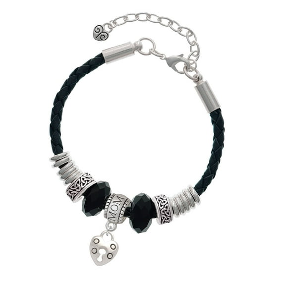 Delight Jewelry Silvertone Small Heart Lock with Keyhole Mom Celtic Knot Leather Bead Bracelet, 7"+2" Extender