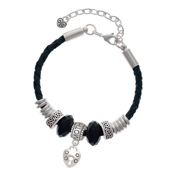 Delight Jewelry Silvertone Small Heart Lock with Keyhole Mother Celtic Knot Leather Bead Bracelet, 7"+2" Extender