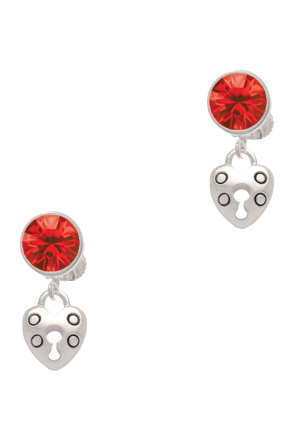 Silvertone Small Heart Lock with Keyhole Red Crystal Clip on Earrings