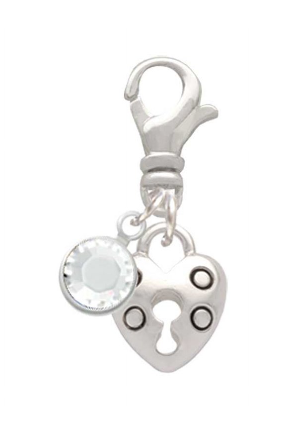 Silvertone Small Heart Lock with Keyhole - Silvertone Clip on Charm with Clear Crystal Drop