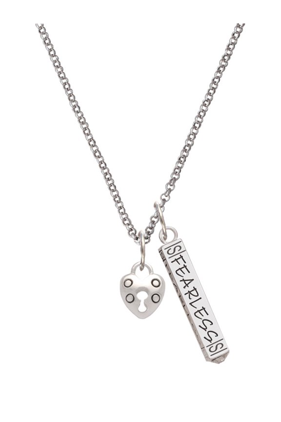 Silvertone Small Heart Lock with Keyhole Silvertone Fearless Bar Charm Necklace, 23"