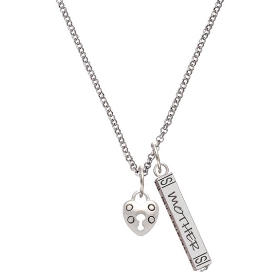 Delight Jewelry Silvertone Small Heart Lock with Keyhole Silvertone Mother Daughter Bar Charm Necklace, 23"