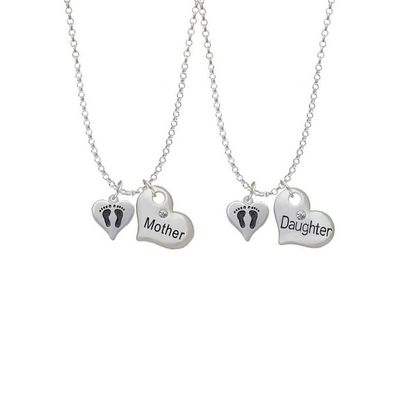 Delight Jewelry Silvertone Small Heart with Baby Feet Mother & Daughter Heart Necklaces (Set of 2), 19"+2"