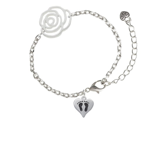 Delight Jewelry Silvertone Small Heart with Baby Feet Silver-tone Flower Link Chain Bracelet, 6.75"+2" Extender