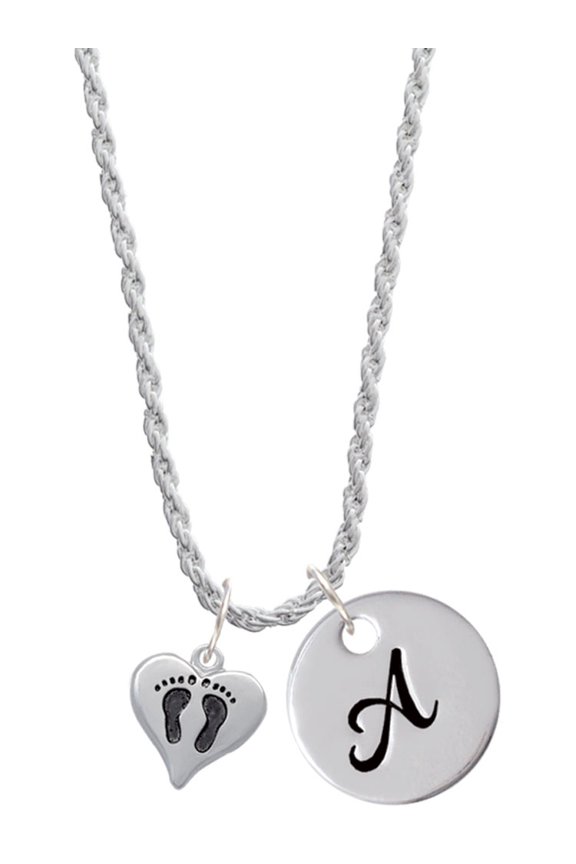 Silvertone Small Heart with Baby Feet Silvertone Script Initial Disc - A - Charm Necklace, 20"+3"