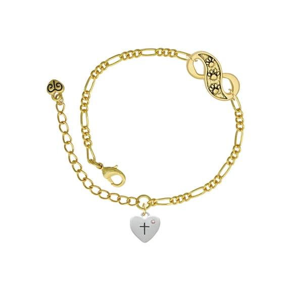 Delight Jewelry Silvertone Small Heart with Cross & Fish with Crystal Gold-tone Paw Infinity Link Chain Bracelet, 6"+2" Extender