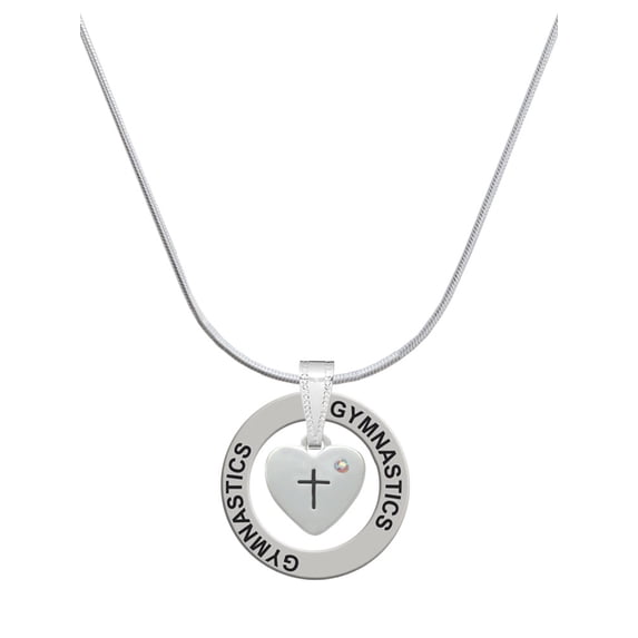 Delight Jewelry Silvertone Small Heart with Cross & Fish with Crystal Gymnastics Ring Charm Necklace, 18"