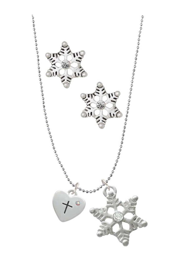 Silvertone Small Heart with Cross & Fish with Crystal Silver tone Snowflake Charm Necklace and Stud Earrings