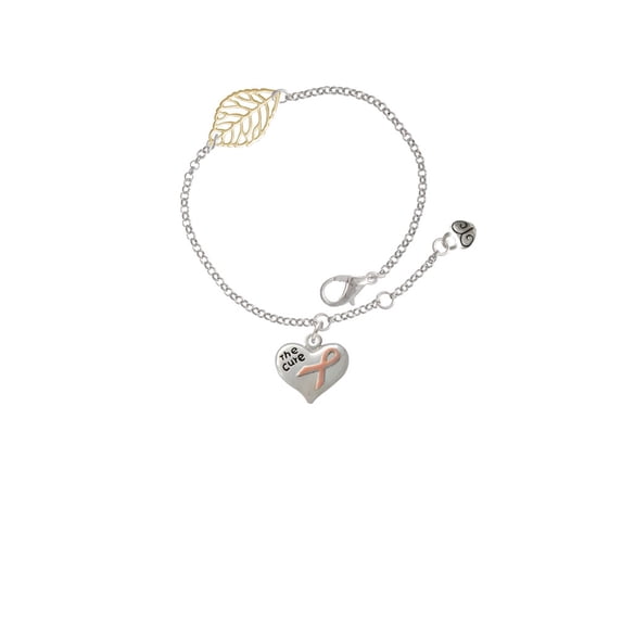 Delight Jewelry Silvertone Small Heart with Pink Ribbon ''The Cure'' - Goldtone Leaf Delicate Bracelet, 6.25+1.75"