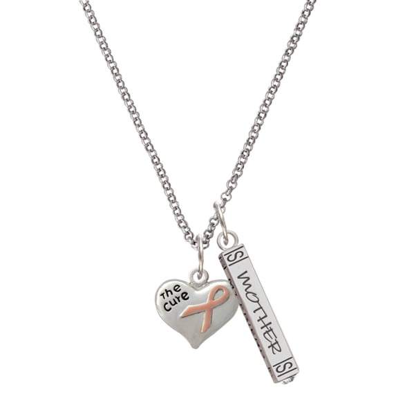 Delight Jewelry Silvertone Small Heart with Pink Ribbon ''The Cure'' Silvertone Mother Daughter Bar Charm Necklace, 23"