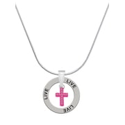 Delight Jewelry Silvertone Small Hot Pink Crystal Cross Live Ring Charm Necklace, 18"