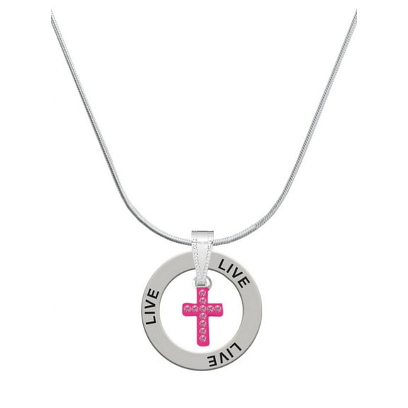 Delight Jewelry Silvertone Small Hot Pink Crystal Cross Live Ring Charm Necklace, 18"