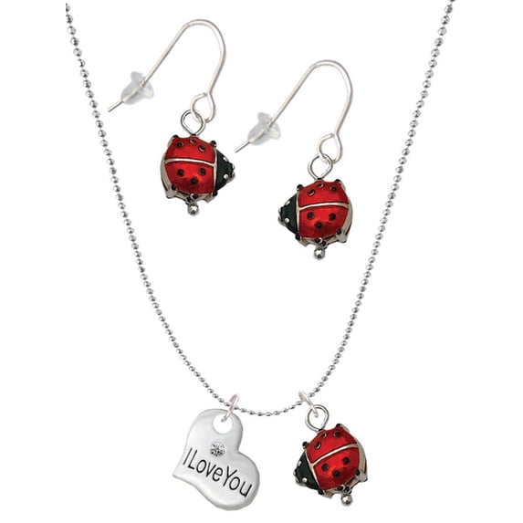 Delight Jewelry Silvertone Small I Love You Heart Red Lucky Ladybug Necklace and Dangle Earrings Set