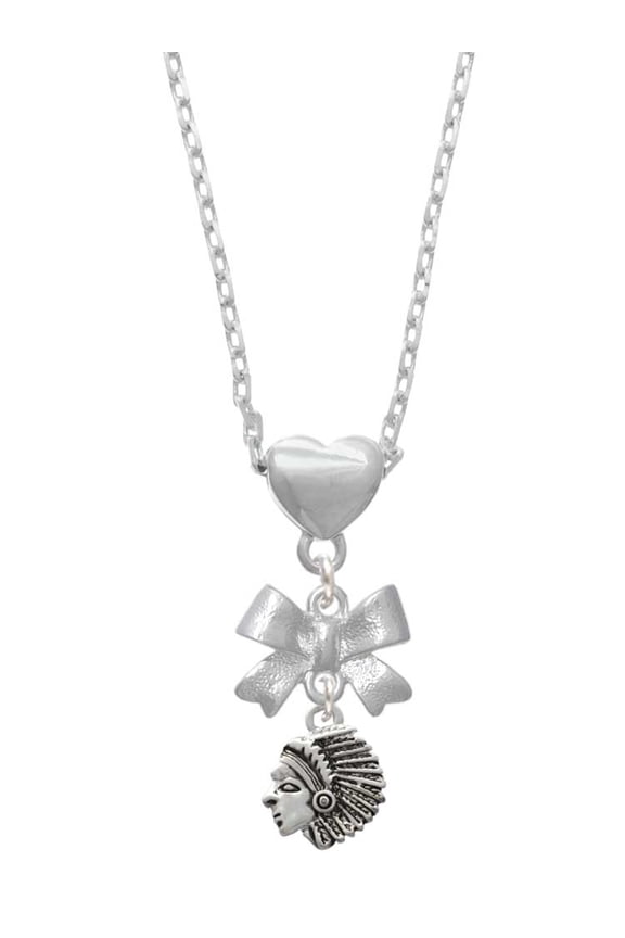 Silvertone Small Indian - Mascot Silver tone Bow Heart Necklace