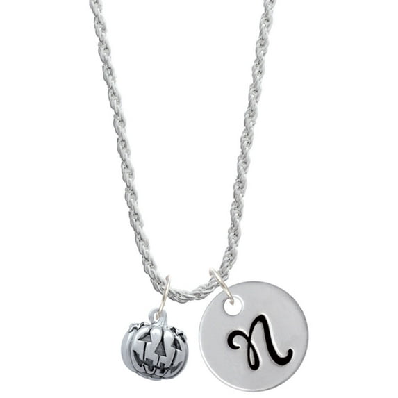 Delight Jewelry Silvertone Small Jack O'Lantern with Stem Silvertone Script Initial Disc - N - Charm Necklace, 20"+3"