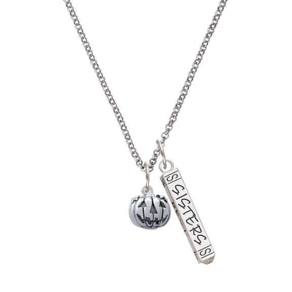 Delight Jewelry Silvertone Small Jack O'Lantern with Stem Silvertone Sisters Best Friends Forever Bar Charm Necklace, 23"