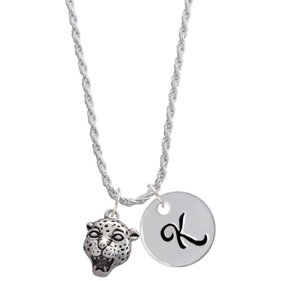 Delight Jewelry Silvertone Small Jaguar - Mascot Silvertone Script Initial Disc - K - Charm Necklace, 20"+3"