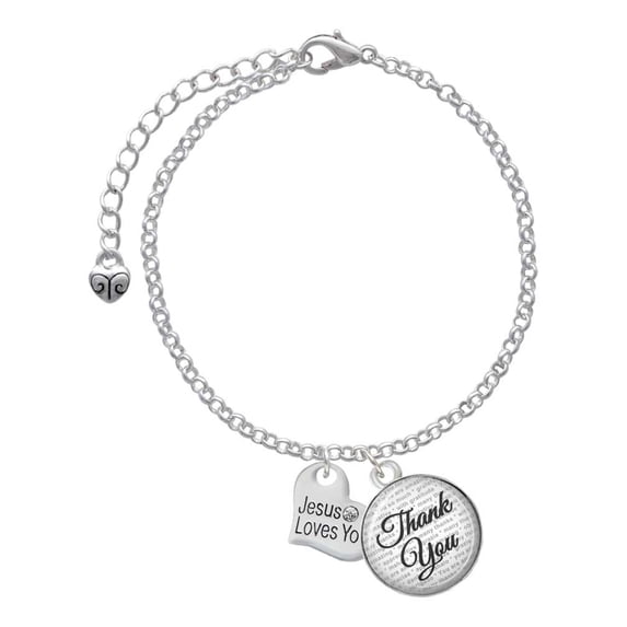 Delight Jewelry Silvertone Small Jesus Loves You Heart - Domed Thank You Charm Bracelet, 6"+2"