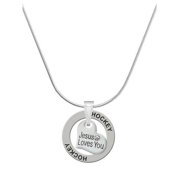 Delight Jewelry Silvertone Small Jesus Loves You Heart Hockey Ring Charm Necklace, 18"