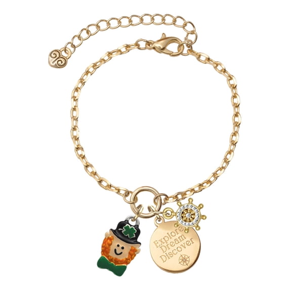 Delight Jewelry Silvertone Small Leprechaun with Bow Tie Goldtone Discover Dream Explore Zoey Charm Bracelet, 6.5+2" Extender