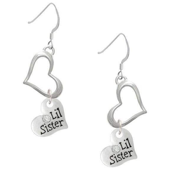 Delight Jewelry Silvertone Small ''Lil Sister'' Heart with Clear Crystal Open Heart French Earrings