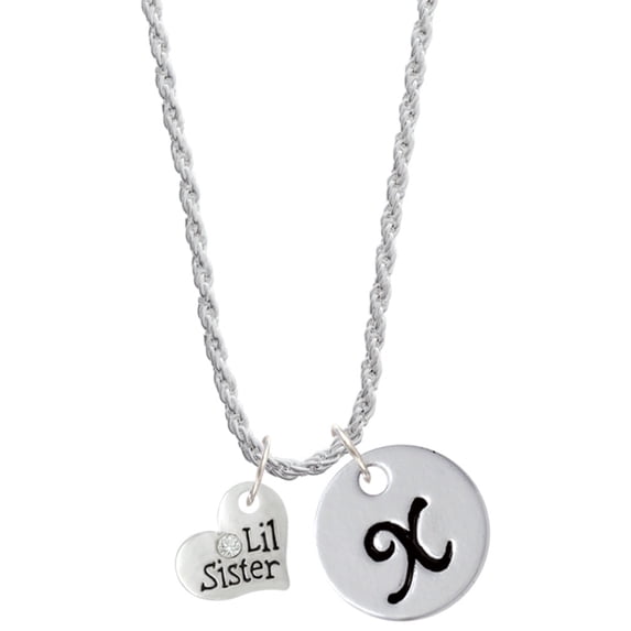 Delight Jewelry Silvertone Small ''Lil Sister'' Heart with Clear Crystal Silvertone Script Initial Disc - X - Charm Necklace, 20"+3"