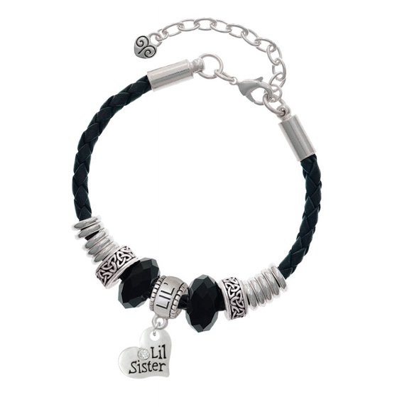 Delight Jewelry Silvertone Small ''Lil Sister'' Heart with Clear Crystal Sister Celtic Knot Leather Bead Bracelet, 7"+2" Extender
