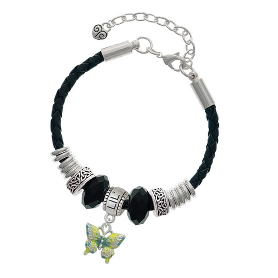 Delight Jewelry Silvertone Small Lime Green & Blue Butterfly Big Sister Celtic Knot Leather Bead Bracelet, 7"+2" Extender