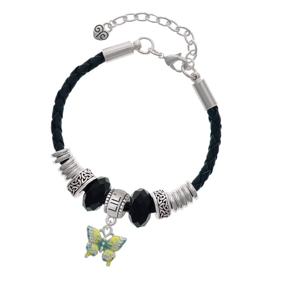 Delight Jewelry Silvertone Small Lime Green & Blue Butterfly Lil Sister Celtic Knot Leather Bead Bracelet, 7"+2" Extender
