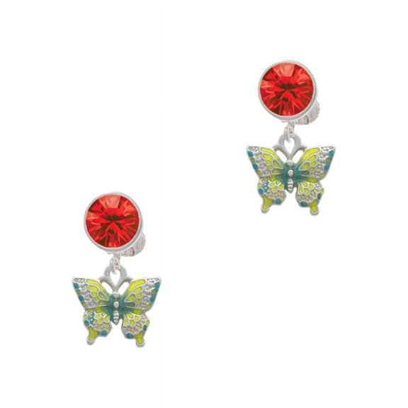 Delight Jewelry Silvertone Small Lime Green & Blue Butterfly Red Crystal Clip on Earrings