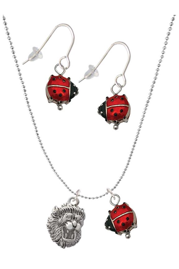 Silvertone Small Lion - Mascot Red Lucky Ladybug Necklace and Dangle Earrings Set