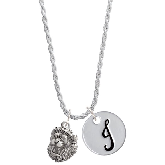 Delight Jewelry Silvertone Small Lion - Mascot Silvertone Script Initial Disc - J - Charm Necklace, 20"+3"